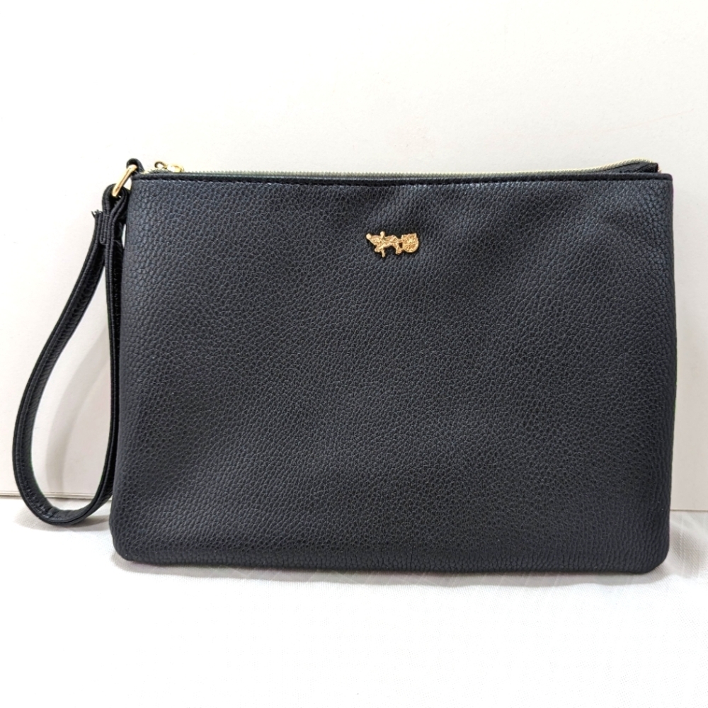 Mathew + Julian Black Wristlet With Strap, USED, Zippered, Striped Interior